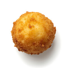 Golden, crispy fried ball with a smooth texture and even browning, isolated on a white background.