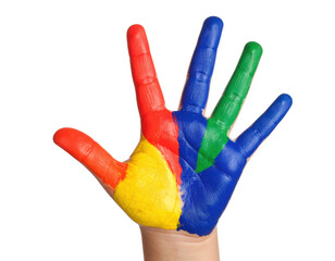 A colorful handprint featuring red, yellow, blue, and green paints, symbolizing creativity and artistic expression.