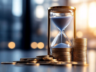 Hourglass with flowing sand and stacked coins on reflective surface symbolizing the balance of time and money
