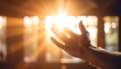 Reaching hand bathed in golden light