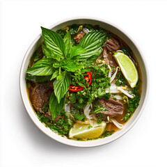 Vietnamese pho noodle bowl with herbs and lime wedges