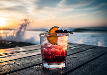 Sunset Ocean View Red Cocktail with Orange and Berries
