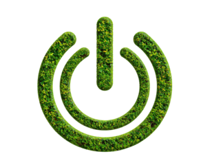 A green power symbol made of foliage, representing eco-friendliness and sustainability.