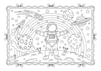 Astronaut in space with planets, stars, and a rocket, a fun coloring page for kids printable illustration coloring page for kids