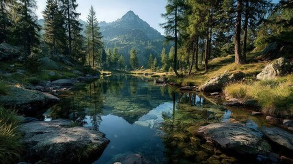 Serene mountain lake reflecting peak, surrounded by lush evergreen forest