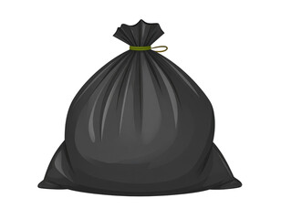 A black garbage bag filled with waste, tied at the top with a green twist tie.