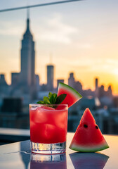 Watermelon Mint Cocktail Rooftop City Sunset View drink