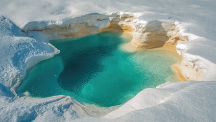 A vibrant teal pool of water nestled within a snow-covered, eroded cavity, sunlight illuminating its depths and the surrounding icy landscape