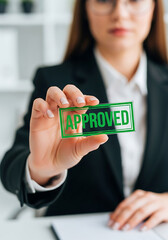Woman in Black Suit Holding Green Approved Stamp transparent