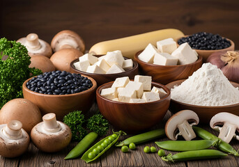 Wooden Bowls Tofu Black Beans Flour Mushrooms Peas Vegan Food