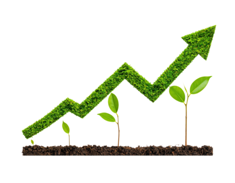 A green growth chart formed by leafy plants, symbolizing progress and prosperity with shoots at different heights.