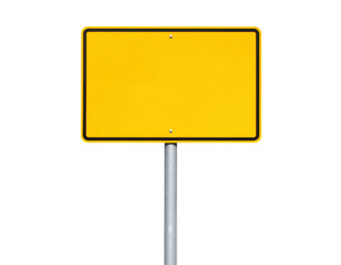 A bright yellow sign on a silver pole, devoid of any text or symbols, emphasizing its blank surface.