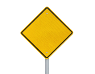 A reflective yellow diamond-shaped sign with a metallic pole, designed for road safety and traffic indication.
