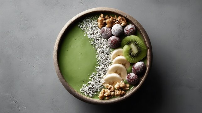 Delicious and healthy green smoothie bowl topped with fresh fruits and nuts creation