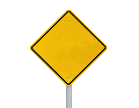 A reflective yellow diamond-shaped sign with a metallic pole, designed for road safety and traffic indication.