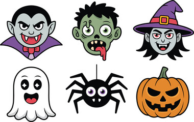 Cartoon halloween characters featuring vampire zombie witch spider ghost pumpkin