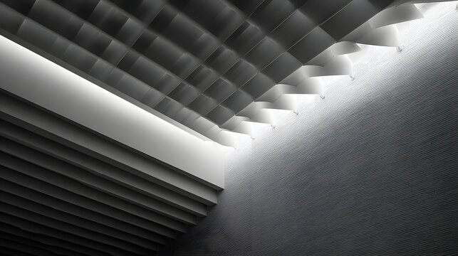 Architectural interior with layered ceiling and wall.