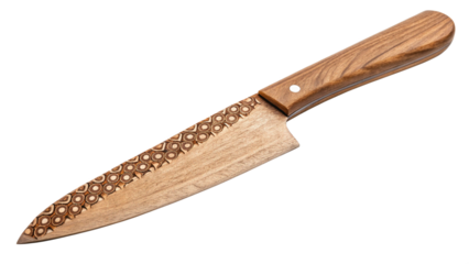 Closeup of a sharp kitchen knife with a wooden blade and a wooden handle isolated on transparent background for culinary use