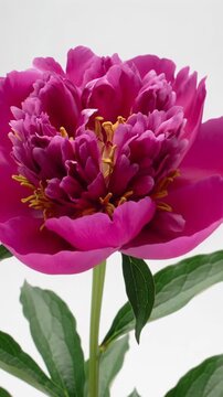 Vibrant fuchsia-pink peony bud time-lapse, macro lens extreme close-up video, unfurling delicate petals with soft studio lighting against a pure white background. Concept of organic growth and