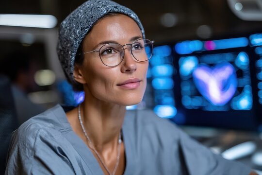 A concentrated woman monitors health data on advanced screens, exemplifying the critical intersection of technology and medicine in modern healthcare management and patient care.