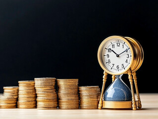 Stacked golden coins with a vintage hourglass and clock on wooden surface, black background. Perfect metaphor for time and wealth.