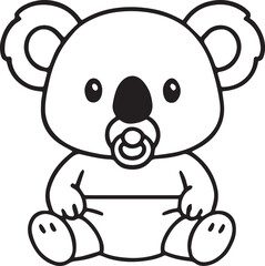 Cute Koala Baby: A charming monochrome illustration of a sweet koala baby, radiating innocence and charm, featuring a pacifier, perfect for children's designs.