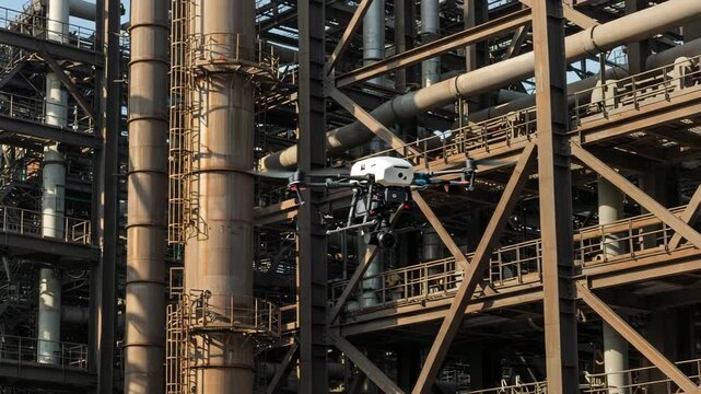 Drone Hovering Low-Angle in Front of Sunlit Industrial Structure with Pipes and Beams