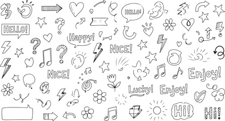 Collection of hand drawn musical notes and symbols isolated on transparent background