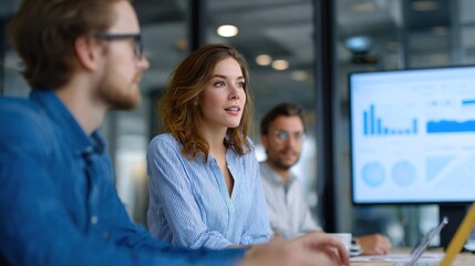 Focused Discussion: A modern business meeting with diverse individuals engaged in a collaborative dialogue. Bright lighting and a data display in the backdrop.