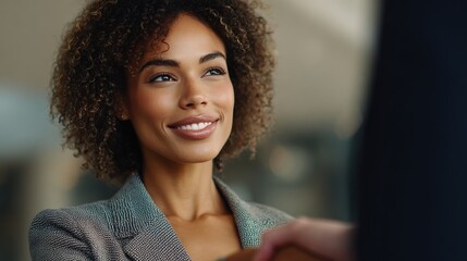 Business handshake: A moment of connection and agreement between two business individuals. A portrait showcases a radiant woman with a genuine smile, engaged in a professional handshake.