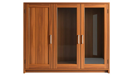 Modern wooden wardrobe with glass doors isolated on transparent background