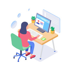 Woman sits at a desk looking at different websites working from home, vector illustration