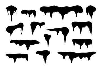 Icicle, a set of black silhouettes of different shapes of frozen dripping water, flat design, vector illustration. Winter ice graphic element for design and decoration. Isolated on a white background