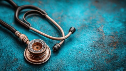 Aged stethoscope on textured teal surface