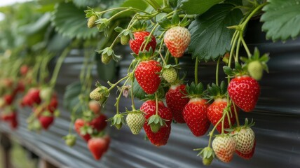 Hanging wicker basket planter with ripe strawberries and green leaves in natural light