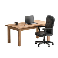 3D render of a simple wooden desk with a black office chair, on a transparent background PNG