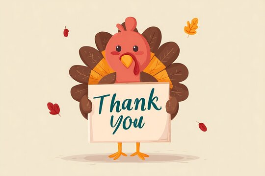 Cute Cartoon Turkey Holding Thank You Sign with Falling Autumn Leaves