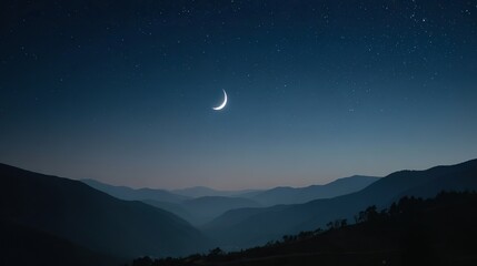 Starry night sky with mountains in the background, a bright crescent moon, and countless stars, evoking tranquility and mystery through a deep blue color scheme that adds depth.