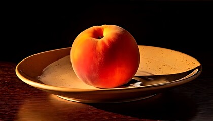 Single Peach on Orange Plate Against Dark Background