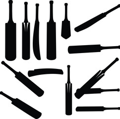 Cricket Bat Silhouettes in Various Poses: A Dynamic Collection of Black Vector Designs for Sports, Game, and Athletic Equipment, Showcasing Different Angles for Versatile Visuals.