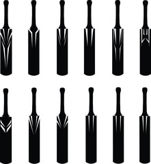 Cricket Bat Silhouettes: A Comprehensive Collection of Black Vector Designs for Sports, Game, and Athletic Equipment, Featuring Various Styles with Dynamic Patterns for Digital and Print Use.
