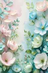 Fondo de flores en acuarela con rosas rosadas y hojas verdes en un estilo de papercraft 3D, ilustración delicada y romántica para invitaciones.