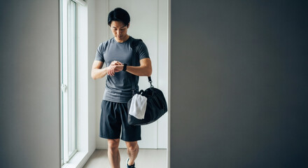A fit young man in sportswear checks his smartwatch while walking indoors with a gym bag.