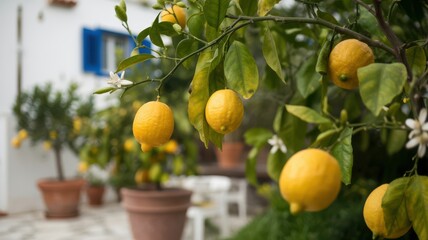 Ripe lemons hanging from branches with terracotta pots in background