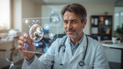 Doctor interacts with futuristic medical hologram display