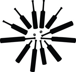 Cricket Bats and Balls Radial Silhouette: A Dynamic Black Vector Icon Design for Sports, Game, and Athletic Competition, Perfect for Team Emblems, Tournaments, and Cricket-Themed Merchandise.