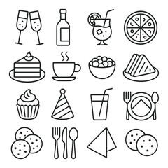 Minimalist icons of food and drink: cake, pizza, cocktails, and more