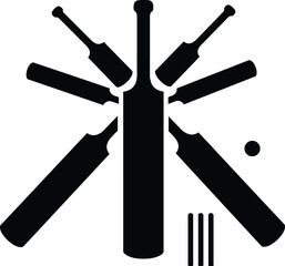 Cricket Bats and Ball with Wickets Silhouette: A Dynamic Black Vector Icon Representing Sports, Game, and Athletic Competition, Ideal for Team Logos, Tournaments, and Cricket-Themed Designs.