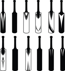 Cricket Bat Silhouettes & Icons: A Dynamic Collection of Black Vector Designs for Sports, Game, and Athletic Equipment, Featuring Various Styles for Digital and Print Use.