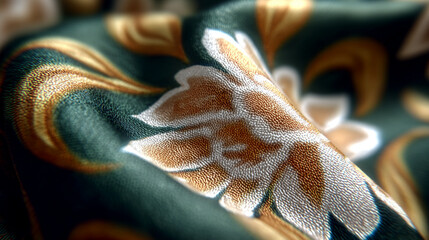 Indonesian batik fabric in soft green, cream, and tosca tones, showcasing geometric patterns with a traditional woven motif